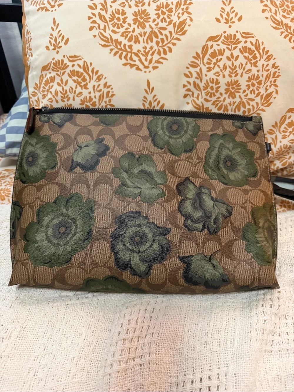 Coach Floral Signature Canvas Wristlet in Green and Brown x large kaffe fassett